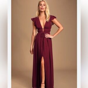 I’m all yours burgundy ruffled maxi dress